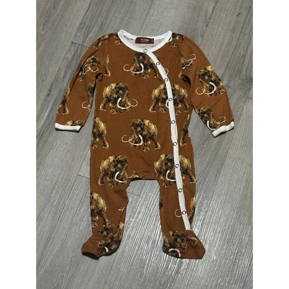 Milkbarn Baby Footed Sleeper One-Piece Snap Mammoth Print Brown 6-9M